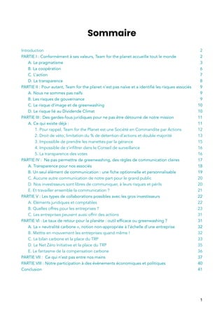 Sommaire
Introduction 2
PARTIE I : Conformément à ses valeurs, Team for the planet accueille tout le monde 2
A. Le pragmat...