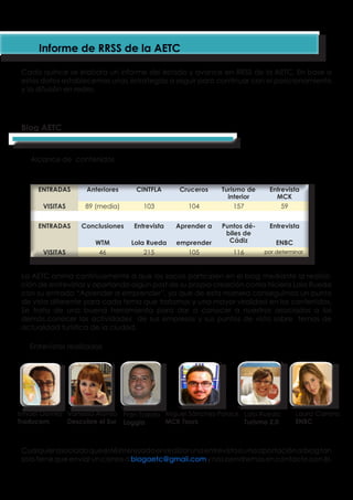 Cada quince se elabora un informe del estado y avance en RRSS de la AETC. En base a
estos datos establecemos unas estrategias a seguir para continuar con el posicionamiento
y la difusión en redes.
Blog AETC
Alcance de contenidos
ENTRADAS Anteriores CINTFLA Cruceros Turismo de
interior
Entrevista
MCK
VISITAS 89 (media) 103 104 157 59
ENTRADAS Conclusiones
WTM
Entrevista
Lola Rueda
Aprender a
emprender
Puntos dé-
biles de
Cádiz
Entrevista
ENBC
VISITAS 46 215 105 116
ENTRADAS Anteriores CINTFLA Cruceros Turismo de
interior
Entrevista
MCK
VISITAS 89 (media) 103 104 157 59
ENTRADAS Conclusiones
WTM
Entrevista
Lola Rueda
Aprender a
emprender
Puntos dé-
biles de
Cádiz
Entrevista
ENBC
VISITAS 46 215 105 116
La AETC anima continuamente a que los socios participen en el blog mediante la realiza-
ción de entrevistas y aportando algún post de su propia creación como hiciera Lola Rueda
con su entrada “Aprender a emprender”, ya que de esta manera conseguimos un punto
de vista diferente para cada tema que tratamos y una mayor viralidad en los contenidos.
Se trata de una buena herramienta para dar a conocer a nuestros asociados a los
demás,conocer las actividades de sus empresas y sus puntos de vista sobre temas de
actualidad turística de la ciudad.
Entrevistas realizadas
Ismael Gómez
Traducom
Vanessa Alonso
Descubre el Sur
Fran Toledo
Loggia
Miguel Sánchez-Polack
MCK Tours
Lola Rueda
Turismo 2.0
Laura Carrera
ENBC
Cualquierasociadoqueestéinteresadoenrealizarunaentrevistaounaaportaciónalblogtan
solotienequeenviaruncorreoablogaetc@gmail.comynospondremosencontactoconél.
 