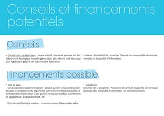 Conseils et financements
potentiels
BUDGETSConseils
• Société «No problem’eau» : Jeune société Lyonnaise propose des toi-
lettes sèche écologique nouvelle génération, car celles-ci sont beaucoup
plus hygiènique grâce à son tapis-roulant évacuateur.
• Ademe : Possibilité de conseil sur l’aspect éco-responsable de nos évé-
nements, et dispositifs d’information.
BUDGETSFinancements possible
• Ville de Lyon :
- Services de développement urbain : Service qui met en place des exper-
tises sur les déplacements, expérience sur l’événementiel autour de la va-
lorisation des modes doux (vélo, piéton, nouveaux modes), jalonnement
et signalétique, accessibilité PMR, etc
- Direction de l’écologie urbaine : a contacter pour d’éventuelles aides.
• Grand Lyon :
Direction de la propreté : Possibilité de prêt de dispositifs de recyclage
type bac a tri, et d’outils d’information sur le tri des déchets.
 
