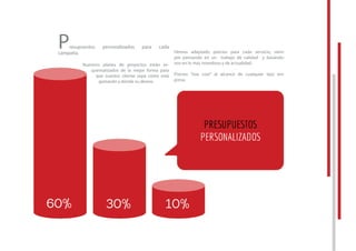 Presupuestos personalizados para cada
campaña.
Nuestros planes de proyectos están es-
quematizados de la mejor forma para
que nuestro cliente sepa cómo está
gastando y dónde su dinero.
Hemos adaptado precios para cada servicio, siem-
pre pensando en un trabajo de calidad y basándo-
nos en lo más novedoso y de actualidad.
Precios “low cost” al alcance de cualquier tipo em-
presa.
Presupuestos personalizados para cada
campaña.
Nuestros planes de proyectos están es-
quematizados de la mejor forma para
que nuestro cliente sepa cómo está
gastando y dónde su dinero.
Hemos adaptado precios para cada servicio, siem-
pre pensando en un trabajo de calidad y basándo-
nos en lo más novedoso y de actualidad.
Precios “low cost” al alcance de cualquier tipo em-
presa.
 