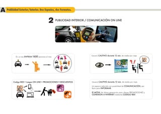 A Publicidad Exterior/Interior. Dos Espacios, dos Formatos.
                                               2           PUBLICIDAD INTERIOR / COMUNICACIÓN ON LINE



                                                                                          www
                                                                                             .bidijo
                                                                                                    c.com




                                                                                 Usuario CAUTIVO durante 12 min. de media por viaje.
            En un taxi ENTRAN 1600 personas al mes.




                                                                                                            DISRUTE DE SUS
                                                                                                            VACACIONES




          Codigo BIDI > Juegos ON LINE > PROMOCIONES Y DESCUENTOS                 Usuario CAUTIVO durante 12 min. de media por viaje.

                                                                                  Un espacio reducido con posibilidad de COMUNICACIÓN, per-
                                                                                  fecto para INFORMAR.
                                                      -2




                                                                                  El MÓVIL de última generación para ofrecer PROMOCIONES y
                                                      0%




                        www.
                                                                                  CONEXION A INTERNET mediante CODIGO BIDI.
 