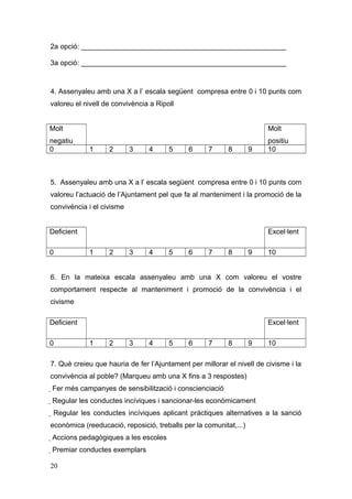 2a opció: ____________________________________________________
3a opció: ____________________________________________________
4. Assenyaleu amb una X a l’ escala següent compresa entre 0 i 10 punts com
valoreu el nivell de convivència a Ripoll
Molt
negatiu
Molt
positiu
0 1 2 3 4 5 6 7 8 9 10
5. Assenyaleu amb una X a l’ escala següent compresa entre 0 i 10 punts com
valoreu l’actuació de l’Ajuntament pel que fa al manteniment i la promoció de la
convivència i el civisme
Deficient Excel·lent
0 1 2 3 4 5 6 7 8 9 10
6. En la mateixa escala assenyaleu amb una X com valoreu el vostre
comportament respecte al manteniment i promoció de la convivència i el
civisme
Deficient Excel·lent
0 1 2 3 4 5 6 7 8 9 10
7. Què creieu que hauria de fer l’Ajuntament per millorar el nivell de civisme i la
convivència al poble? (Marqueu amb una X fins a 3 respostes)
 Fer més campanyes de sensibilització i conscienciació
 Regular les conductes incíviques i sancionar-les econòmicament
 Regular les conductes incíviques aplicant pràctiques alternatives a la sanció
econòmica (reeducació, reposició, treballs per la comunitat,...)
 Accions pedagògiques a les escoles
 Premiar conductes exemplars
20
 