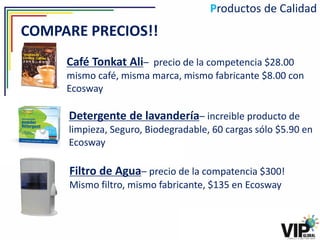 Productos de Calidad
COMPARE PRECIOS!!
     Café Tonkat Ali– precio de la competencia $28.00
     mismo café, misma marca, mismo fabricante $8.00 con
     Ecosway

     Detergente de lavandería– increible producto de
     limpieza, Seguro, Biodegradable, 60 cargas sólo $5.90 en
     Ecosway

      Filtro de Agua– precio de la compatencia $300!
      Mismo filtro, mismo fabricante, $135 en Ecosway
 