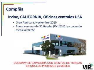 Compñia
Irvine, CALIFORNIA, Oficinas centrales USA
  • Gran Apertura, Noviembre 2010
  • Ahora con mas de 35 tiendas (Oct 2011) y creciendo
    mensualmente




   ECOSWAY SE EXPANDIRÁ CON CIENTOS DE TIENDAS
         EN USA LOS PROXIMOS 24 MESES
 