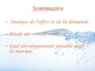 Sommaire

• Analyse de l’offre et de la demande

• Etude des concurrents

• Quel développement possible pour
  la marque
 