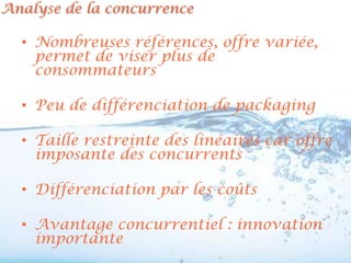 Analyse de la concurrence

  • Nombreuses références, offre variée,
    permet de viser plus de
    consommateurs

  • Peu de différenciation de packaging

  • Taille restreinte des linéaires car offre
    imposante des concurrents

  • Différenciation par les coûts

  • Avantage concurrentiel : innovation
    importante
 