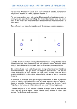 DEP. D’EDUCACIÓ FÍSICA – INSTITUT LLUIS DE REQUESENS


Per exemple. Anomenem “Local” a un equip i “Visitant” a l’altre. I anomenem
als jugadors “Homes: H” i a les jugadores “Dones: D”.

Per començar podem veure a la imatge 2 la disposició del participants sobre el
terreny de joc, respectant que hi hagi dos noies i dos noies a cada mig camp.
Es a dir dos noies i dos noies en la zona de defensa i dos nois i dos noies a la
zona d’atac.

Tant defensors con atacants no poden sortir de les seves respectives zones.




                                                 D
                   D        H                                  H




               D
                                H                H
                                                                   D




Durant el desenvolupament del joc pot semblar confús la barreja de nois i noies
d’ambdós equips, però cal recordar que per defensar, només les noies poden
fer-ho a les noies de l’equip contrari i els nois als altres nois respectivament.

Els participants del equip visitant que estan al mig del camp de la dreta són de
moment defensors i els que estan a la esquerra son atacants. Tots ells no
poden traspassar la línea central del mig camp. Només quan un equip
aconsegueix 2 punts, poden passar a l’altre camp i canviar el seu rol i les seves
funcions.

El balonkorf és un esport veloç que es juga pausadament, es a dir, el jugador/a
que té la pilota no pot caminar ni córrer amb ella, encara que si pot botar-la i
llançar-la a cistella. Els jugadors/es que no tenen la pilota han de moure’s amb
l’objectiu de desmarcar-se del seu oponent i així poder rebre una passada.

Quan es llença o es fa una entrada a cistella, no es pot tocar el terra amb els
peus, per tant s’ha de saltar i llançar mentre estem a l’aire. A més a més
sempre s’ha de llençar amb dos mans.




                                                                               3
 