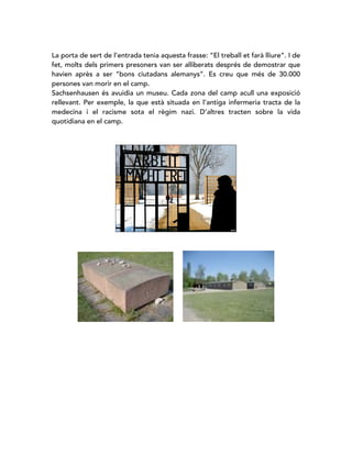 La porta de sert de l’entrada tenia aquesta frasse: “El treball et farà lliure”. I de
fet, molts dels primers presoners van ser alliberats després de demostrar que
havien après a ser “bons ciutadans alemanys”. Es creu que més de 30.000
persones van morir en el camp.
Sachsenhausen és avuidia un museu. Cada zona del camp acull una exposició
rellevant. Per exemple, la que està situada en l’antiga infermeria tracta de la
medecina i el racisme sota el règim nazi. D’altres tracten sobre la vida
quotidiana en el camp.
 