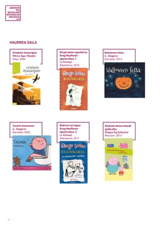 26
LIBURUEN
ETA
BESTELAKO
MATERIALEN
MAILEGUA
# 5
HAURREN SAILA
Urtebete itsasargian
(Miren Agur Meabe)
Elkar, 2006
Txomin komunean
(L. Slegers)
Ibaizabal, 2003
Halloween festa
(L. Slegers)
Ibaizabal, 2013
Gizajo baten egunkaria:
Greg Heyfferen
egunerokoa, 1
(J. Kinney)
Alberdania, 2010
Rodrick-en legea:
Greg Heyfferen
egunerokoa, 2
(J. Kinney)
Alberdania, 2011
Aitatxok betaurrekoak
galdu ditu
(Peppa Pig bilduma)
Mezulari, 2014
 