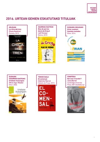7
2016. URTEAN GEHIEN ESKATUTAKO TITULUAK
GETXOKO
LIBURU­
TEGIAK
DATUETAN #
TOKIKO SAILA
El comensal
(Gabriela Ybarra)
Caballo de Troya, 2015
EUSKARA (HELDUAK)
Arian: euskara
ikasteko metodoa
Elkar, 2014
HELDUAK
La chica del tren
(Paula Hawkins)
Planeta, 2015
HAURRAK/GAZTEAK
Días de perros:
diario de Greg 4
(Jeff Kinney)
Molino, 2010
EUSKARA
(HAURRAK/GAZTEAK)
Urtebete itsasargian
(Miren Agur Meabe)
Elkar, 2006
FONOTEKA
But was it murder?
(Jania Barrel)
Cambridge University
Press,2001(Audioliburua)
 