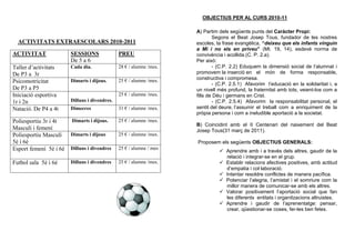 OBJECTIUS PER AL CURS 2010-11

                                                                     A) Partim dels següents punts del Caràcter Propi:
                                                                             Segons el Beat Josep Tous, fundador de les nostres
  ACTIVITATS EXTRAESCOLARS 2010-2011                                 escoles, la frase evangèlica, “deixeu que els infants vinguin
                                                                     a Mi i no els en priveu” (Mt. 19, 14), esdevé norma de
ACTIVITAT               SESSIONS               PREU                  convivència i acollida.(C. P. 2.a).
                        De 5 a 6                                     Per això:
Taller d’activitats     Cada dia.              28 € / alumne /mes.           - (C.P. 2.2) Eduquem la dimensió social de l’alumnat i
De P3 a 3r                                                           promovem la inserció en el món de forma responsable,
                        Dimarts i dijous.      25 € / alumne /mes.   constructiva i compromesa.
Psicomotricitat                                                              - (C.P. 2.5.1) Afavorim l’educació en la solidaritat i, a
De P3 a P5                                                           un nivell més profund, la fraternitat amb tots, veient-los com a
Iniciació esportiva                            25 € / alumne /mes.   fills de Déu i germans en Crist.
1r i 2n                 Dilluns i divendres.                                 - (C.P. 2.5.4) Afavorim la responsabilitat personal, el
Natació. De P4 a 4t     Dimecres               31 € / alumne /mes.   sentit del deure, l’assumir el treball com a enriquiment de la
                                                                     pròpia persona i com a ineludible aportació a la societat.
Poliesportiu 3r i 4t    Dimarts i dijous.      25 € / alumne /mes.
                                                                     B) Coincidint amb el II Centenari del naixement del Beat
Masculí i femení                                                     Josep Tous(31 març de 2011).
Poliesportiu Masculí    Dimarts i dijous       25 € / alumne /mes.
5è i 6è                                                              Proposem els següents OBJECTIUS GENERALS:
Esport femení 5è i 6è   Dilluns i divendres    25 € / alumne / mes
                                                                                Aprendre amb i a través dels altres, gaudir de la
                                                                                 relació i integrar-se en el grup.
Futbol sala 5è i 6è     Dilluns i divendres    25 € / alumne /mes.              Establir relacions afectives positives, amb actitud
                                                                                 d’empatia i col·laboració.
                                                                                Intentar resoldre conflictes de manera pacífica.
                                                                                Potenciar l’alegria, l’amistat i el somriure com la
                                                                                 millor manera de comunicar-se amb els altres.
                                                                                Valorar positivament l’aportació social que fan
                                                                                 les diferents entitats i organitzacions altruistes.
                                                                                Aprendre i gaudir de l’aprenentatge: pensar,
                                                                                 crear, qüestionar-se coses, fer-les ben fetes.
 