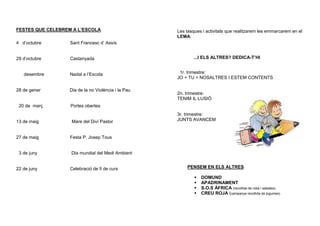 FESTES QUE CELEBREM A L’ESCOLA                      Les tasques i activitats que realitzarem les emmarcarem en el
                                                    LEMA:
4 d’octubre        Sant Francesc d’ Assís


29 d’octubre       Castanyada                               ...I ELS ALTRES? DEDICA-T’HI


   desembre        Nadal a l’Escola                  1r. trimestre:
                                                    JO + TU = NOSALTRES I ESTEM CONTENTS

28 de gener       Dia de la no Violència i la Pau
                                                    2n. trimestre:
                                                    TENIM IL·LUSIÓ
 20 de març        Portes obertes
                                                    3r. trimestre:
13 de maig         Mare del Diví Pastor             JUNTS AVANCEM


27 de maig         Festa P. Josep Tous


 3 de juny         Dia mundial del Medi Ambient


22 de juny         Celebració de fi de curs             PENSEM EN ELS ALTRES

                                                               DOMUND
                                                               APADRINAMENT
                                                               S.O.S ÀFRICA (recollida de roba i sabates).
                                                               CREU ROJA (campanya recollida de joguines).
 