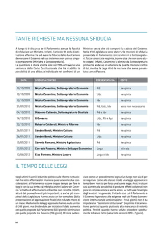 10
Negliultimi15anniildibattitopoliticosulleriformeistituzio-
nali ha visto affermarsi in maniera quasi unanime due con-
siderazioni: al Parlamento occorre troppo tempo per fare le
leggi e con la sua lentezza imbriglia anche l’azione del Gover-
no. Si tratta di affermazioni entrambe non corrette. Infatti,
alcuni dei provvedimenti più importanti, e anche più com-
plessi della Legislatura hanno avuto un iter completo (dalla
presentazione all’approvazione ﬁnale) che è durato meno di
unmese.Mediamenteleleggiapprovatehannoavutouniter
di 243 giorni, ma dividendole per iniziativa il dato aumenta
per quelle proposte dal Parlamento (603 giorni) e diminuisce
per quelle proposte dal Governo (136 giorni). Occorre eviden-
ziare come un procedimento legislativo lungo non sia di per
sè negativo, come allo stesso modo una legge approvata in
tempi brevi non sia per forza una buona legge. Anzi, in alcuni
casi aumenta la possibilità di produrre effetti collaterali non
presi in considerazione e anche errori, su tutti vale l’esempio
degli esodati. In generale, il ritardo con cui il Parlamento e
il Governo rispondono alle esigenze reali del Paese (conven-
zione internazionale anticorruzione - 1456 giorni) non è da
imputarsi ai “tecnicismi istituzionali” (in primis il bicamera-
lismo perfetto) quanto piuttosto alla mancanza di volontà
politica. Perchè quando hanno voluto procedere spedita-
mente lo hanno fatto (salva liste elezioni 2010 - 7 giorni).
A lungo si è discusso se il Parlamento avesse la facoltà
di sﬁduciare un Ministro. Infatti, l'articolo 94 della Costi-
tuzione afferma che ad avere la ﬁducia delle due Camere
deve essere il Governo nel suo insieme e non un suo singo-
lo componente (Ministro o Sottosegretario).
La questione è stata sciolta solo nel 1996 attraverso una
sentenza della Corte Costituzionale che ha stabilito la
possibilità di una sﬁducia individuale nei confronti di un
Ministro senza che ciò comporti la caduta del Governo.
Nella XVI Legislatura sono state 12 le mozioni di sﬁducia
presentate in Parlamento contro Ministri o Sottosegreta-
ri. Tutte sono state respinte, tranne due che non sono sta-
te votate. Infatti, Cosentino si dimise da Sottosegretario
prima che andasse in votazione la quarta mozione contro
di lui, mentre la Lega ritirò la mozione che aveva presen-
tato contro Passera.
IL TEMPO DELLE LEGGI
TANTE RICHIESTE MA NESSUNA SFIDUCIA
 