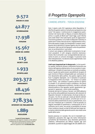 Il Progetto Openpolis
CAMERE APERTE - TERZA EDIZIONE
Cala il sipario sulla XVI Legislatura della Repubblica. E
alla ﬁne di questo caotico e tumultuoso quinquennio cosa
resta? Che paese ci restituiscono le maggioranze parla-
mentari che hanno dato la ﬁducia al Governo Berlusconi
prima e a quello di Monti poi? Quali leggi, quali riforme
sono state fatte? Che ruolo hanno avuto le opposizioni?
Cosa hanno prodotto i circa mille tra Deputati e Senatori in
questi anni? Come ciascuno di loro, singolarmente e all'in-
terno del proprio Gruppo, ha interpretato il proprio ruolo?
Questa terza edizione di Camere Aperte cerca le risposte
attraverso i dati raccolti da Openpolis sulla vita parlamen-
tare, le sue dinamiche e i suoi attori.
In alcuni casi vengono confermate le sensazioni e le opi-
nioni prevalenti, in altri vengono smentite clamorosa-
mente. Ma in entrambi i casi, la disponibilità dei dati con-
sente di avere un comune ancoraggio. Si possono trarre
altre interpretazioni, ma devono essere argomentate. Così
si fa dibattito pubblico.
I dati sono importanti per la democrazia. La loro quanti-
tà, qualità, facilità di accesso e diffusione forniscono una
misura dell'apertura democratica di una società e la pos-
sibilità per i cittadini di esercitare un controllo sul potere,
senza il quale non potrà esserci possibilità di recupero di
quel minimo di ﬁducia indispensabile per contrastare la
crisi devastante della politica. Da questa urgenza viene
fuori il progetto Openpolis, con il tentativo di praticare
la trasparenza come una chiave – “la” chiave in un paese
come l’Italia - per cambiare la politica perché sia aperta
ai cittadini. È un cammino lungo e complesso, che passa
attraverso un rivolgimento economico, sociale e culturale
oltreché politico e che riguarda, quindi, ugualmente i go-
vernanti e i governati, i centri come le periferie.
Partendo dai dati di Camera e Senato, nel 2009 abbiamo
per la prima volta pubblicato le presenze alle votazioni di
Deputati e Senatori. Un dato banale, che di per sé dice an-
che poco, ma che se usato per creare gli elenchi ordinati
dei più presenti e dei più assenti, arricchiti poi con la va-
lutazione della produttività di ciascun parlamentare, ecco
che crea l’interesse per il confronto. Il ché ha portato un
seguito inevitabile di polemiche e contestazioni di chi il
confronto non lo ama, ma anche la possibilità di cercare
criteri condivisi e basati sui dati di fatto per farsi largo nel-
la melma indistinta delle generalizzazioni alla moda come
quelle della casta.
Questo processo si è avviato. Pur con le inevitabili con-
traddizioni, possiamo dire oggi che tante informazioni
sull’attività del Parlamento sono diventate patrimonio
collettivo, inﬁnitamente più diffuso rispetto agli anni
precedenti, quando era appannaggio dei soli addetti ai la-
I numeri di Camere Aperte:
Le elaborazioni del rapporto si basano sui dati ufficiali
pubblicati dai siti istituzionali di Camera e Senato.
Sono stati analizzati gli atti parlamentari
della XVI Legisaltura sino al 22 dicembre 2012.
9.572
DISEGNI DI LEGGE
1.933
INTERPELLANZE
42.877
INTERROGAZIONI
15.567
ORDINI DEL GIORNO
17.938
VOTAZIONI
18.436
RESOCONTI DI SEDUTE
1.889
RISOLUZIONI
278.334
INTERVENTI DEI PARLAMENTARI
203.372
EMENDAMENTI
115
DECRETI LEGGE
 
