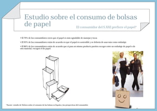 Estudio sobre el consumo de bolsas
                      de papel         El consumidor del S.XXI prefiere el papel*


                 • El 79% de los consumidores creen que el papel es más agradable de manejar y tocar.

                 • El 93% de los consumidores están de acuerdo en que el papel es sostenible y se debería de usar más como embalaje.

                 • El 86% de los consumidores están de acuerdo que si para un mismo producto pueden escoger entre un embalaje de papel o de
                 otro material, escogen el de papel.




*Fuente: estudio de Nielsen sobre el consumo de las bolsas en España y las perspectivas del consumidor.
 