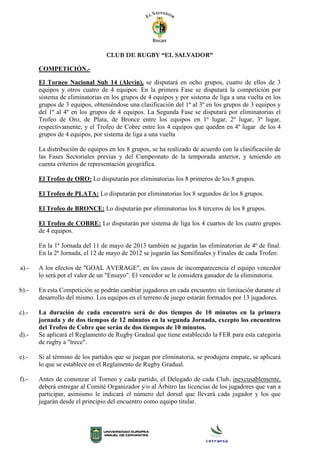 CLUB DE RUGBY “EL SALVADOR”
COMPETICIÓN.-
El Torneo Nacional Sub 14 (Alevín), se disputará en ocho grupos, cuatro de ellos de 3
equipos y otros cuatro de 4 equipos. En la primera Fase se disputará la competición por
sistema de eliminatorias en los grupos de 4 equipos y por sistema de liga a una vuelta en los
grupos de 3 equipos, obteniéndose una clasificación del 1º al 3º en los grupos de 3 equipos y
del 1º al 4º en los grupos de 4 equipos. La Segunda Fase se disputará por eliminatorias el
Trofeo de Oro, de Plata, de Bronce entre los equipos en 1º lugar, 2º lugar, 3º lugar,
respectivamente; y el Trofeo de Cobre entre los 4 equipos que queden en 4º lugar de los 4
grupos de 4 equipos, por sistema de liga a una vuelta
La distribución de equipos en los 8 grupos, se ha realizado de acuerdo con la clasificación de
las Fases Sectoriales previas y del Campeonato de la temporada anterior, y teniendo en
cuenta criterios de representación geográfica.
El Trofeo de ORO: Lo disputarán por eliminatorias los 8 primeros de los 8 grupos.
El Trofeo de PLATA: Lo disputarán por eliminatorias los 8 segundos de los 8 grupos.
El Trofeo de BRONCE: Lo disputarán por eliminatorias los 8 terceros de los 8 grupos.
El Trofeo de COBRE: Lo disputarán por sistema de liga los 4 cuartos de los cuatro grupos
de 4 equipos.
En la 1ª Jornada del 11 de mayo de 2013 también se jugarán las eliminatorias de 4º de final.
En la 2ª Jornada, el 12 de mayo de 2012 se jugarán las Semifinales y Finales de cada Trofeo.
a).- A los efectos de "GOAL AVERAGE", en los casos de incomparecencia el equipo vencedor
lo será por el valor de un "Ensayo". El vencedor se le considera ganador de la eliminatoria.
b).- En esta Competición se podrán cambiar jugadores en cada encuentro sin limitación durante el
desarrollo del mismo. Los equipos en el terreno de juego estarán formados por 13 jugadores.
c).- La duración de cada encuentro será de dos tiempos de 10 minutos en la primera
jornada y de dos tiempos de 12 minutos en la segunda Jornada, excepto los encuentros
del Trofeo de Cobre que serán de dos tiempos de 10 minutos.
d).- Se aplicará el Reglamento de Rugby Gradual que tiene establecido la FER para esta categoría
de rugby a "trece".
e).- Si al término de los partidos que se juegan por eliminatoria, se produjera empate, se aplicará
lo que se establece en el Reglamento de Rugby Gradual.
f).- Antes de comenzar el Torneo y cada partido, el Delegado de cada Club, inexcusablemente,
deberá entregar al Comité Organizador y/o al Árbitro las licencias de los jugadores que van a
participar, asimismo le indicará el número del dorsal que llevará cada jugador y los que
jugarán desde el principio del encuentro como equipo titular.
 