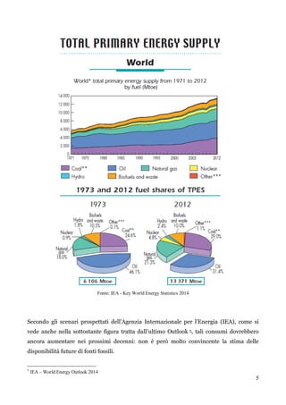 5 
Fonte: IEA - Key World Energy Statistics 2014 
Secondo gli scenari prospettati dell‟Agenzia Internazionale per l‟Energia (IEA), come si 
vede anche nella sottostante figura tratta dall‟ultimo Outlook 5, tali consumi dovrebbero 
ancora aumentare nei prossimi decenni: non è però molto convincente la stima delle 
disponibilità future di fonti fossili. 
5 IEA – World Energy Outlook 2014 
 