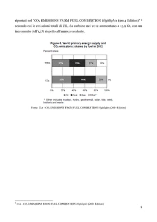 8 
riportati nel “CO2 EMISSIONS FROM FUEL COMBUSTION Highlights (2014 Edition)” 8 
secondo cui le emissioni totali di CO2 da carbone nel 2012 ammontano a 13,9 Gt, con un 
incremento dell‟1,3% rispetto all‟anno precedente. 
Fonte: IEA - CO2 EMISSIONS FROM FUEL COMBUSTION Highlights (2014 Edition) 
8 IEA - CO2 EMISSIONS FROM FUEL COMBUSTION Highlights (2014 Edition) 
 