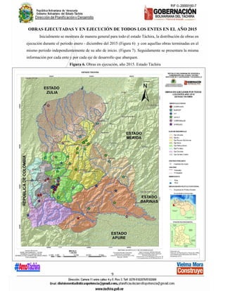 9
OBRAS EJECUTADAS Y EN EJECUCIÓN DE TODOS LOS ENTES EN EL AÑO 2015
Inicialmente se mostrara de manera general para todo el estado Táchira, la distribución de obras en
ejecución durante el periodo enero - diciembre del 2015 (Figura 6) y con aquellas obras terminadas en el
mismo periodo independientemente de su año de inicio. (Figura 7). Seguidamente se presentara la misma
información por cada ente y por cada eje de desarrollo que abarquen.
Figura 6. Obras en ejecución, año 2015. Estado Táchira
 