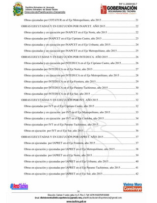 iv
Obras ejecutadas por COTATUR en el Eje Metropolitano, año 2015................................................21
OBRAS EJECUTADAS Y EN EJECUCIÓN POR INAPCET. AÑO 2015..........................................22
Obras ejecutadas y en ejecución por INAPCET en el Eje Norte, año 2015 .......................................22
Obras ejecutadas por INAPCET en el Eje Cipriano Castro, año 2015 ...............................................23
Obras ejecutadas y en ejecución por INAPCET en el Eje Uribante, año 2015...................................24
Obras ejecutadas y en ejecución por INAPCET en el Eje Metropolitano, año 2015..........................25
OBRAS EJECUTADAS Y EN EJECUCIÓN POR INTEDUCA. AÑO 2015 ......................................26
Obras ejecutadas y en ejecución por INTEDUCA en el Eje Cipriano Castro, año 2015....................26
Obras ejecutadas por INTEDUCA en el Eje Norte, año 2015............................................................27
Obras ejecutadas y en ejecución por INTEDUCA en el Eje Metropolitano, año 2015 ......................28
Obras ejecutadas por INTEDUCA en el Eje Frontera, año 2015........................................................29
Obras ejecutadas por INTEDUCA en el Eje Paramo Tachirense, año 2015 ......................................30
Obras ejecutadas por INTEDUCA en el Eje Sur, año 2015 ...............................................................31
OBRAS EJECUTADAS Y EN EJECUCIÓN POR IVT. AÑO 2015....................................................32
Obras ejecutadas por IVT en el Eje Cipriano Castro, año 2015 .........................................................32
Obras ejecutadas y en ejecución por IVT en el Eje Metropolitano, año 2015...................................33
Obras ejecutadas y en ejecución por IVT en el Eje Córdoba, año 2015............................................34
Obras ejecutadas por IVT en el Eje Paramo Tachirense, año 2015 ....................................................35
Obras en ejecución por IVT en el Eje Sur, año 2015.........................................................................36
OBRAS EJECUTADAS Y EN EJECUCIÓN POR IAPRET. AÑO 2015.............................................37
Obras en ejecutadas por IAPRET en el Eje Frontera, año 2015 ........................................................37
Obras en ejecución y ejecutadas por IAPRET en el Eje Metropolitano, año 2015.............................38
Obras en ejecutadas por IAPRET en el Eje Norte, año 2015.............................................................39
Obras en ejecución y ejecutadas por IAPRET en el Eje Uribante, año 2015......................................40
Obras en ejecución y ejecutadas por IAPRET en el Eje Paramo Tachirense, año 2015.....................41
Obras en ejecución y ejecutadas por IAPRET en el Eje Sur, año 2015..............................................42
 