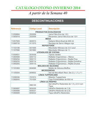 CATÁLOGO OTOÑO-INVIERNO 2014 
A partir de la Semana 40 
DESCONTINUACIONES 
Referencia Código Local Descripción 
PRODUCTOS ...