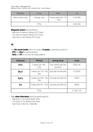 Cloud Atlas – Mediaplanning
Margaux Fairfort – Daphné Lala – Donavan Siron - Sarra Tadlaoui


         Newspaper                       Format                       Period               Cost

     Metro (London only)            Full page, color         Previous week (Feb 11th    £150,890
                                                                      - 15th)

                                         TOTAL                                          £436,490

Magazine covers and interviews for
- Halle Berry on Glamour (February 2013 issue)
- Tom Hanks on Esquire (February 2013 issue)
- Hugh Grant on GQ (February 2013 issue)


TV

The 30s movie trailer will run for a total of 5 weeks on primetime and later on
- ITV1 and Sky1 for general audience
- SyFy and FX for core and main target audience


        Channel                        Period                     Airing time             Cost

           ITV1                  2 weeks (Jan 14th -          Early evening news and    £950,740
                                       27th)                         primetime

           Sky1                2 weeks (Jan 21st - Feb       Early peak and late peak    £122500
                                        3rd)

           SyFy                2 weeks (Jan 28th - Feb Late peak and night time           £3920
                                        10th)

            FX                 2 weeks (Feb 4th - 17th) Late peak and night time          £9940

                                         TOTAL                                          £1,087,100

Talk show interviews during the opening week for
- Halle Berry on The Graham Norton Show
- Tom Hanks on The Jonathan Ross Show
- Hugh Grant on Alan Carr: Chatty Man




                                              Page 10 sur 20
 