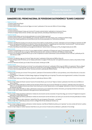 XLV            FEIRA DO COCIDO
                        Festa de Interese Turístico Nacional
                                                                                               »Premio Nacional de
                                                                                               Xornalismo Gastronómico

   GANADORES DEL PREMIO NACIONAL DE PERIODISMO GASTRONÓMICO “ÁLVARO CUNQUEIRO”
>> PRIMERA EDICIÓN:
    1º Premio: Carlos García Bayón.
    2º Premio: Néstor Luján.
    3º Premio: Xosé Cermeño, por el artículo “Algas en el menú”, publicado el 17 de marzo de 1994 en El Correo Gallego.
>> SEGUNDA EDICIÓN:
    1º Premio: Desierto.
    2º Premio: Armando Vázquez Crespo, por el artículo “El corazón verde de Galicia”, publicado en el semanario Tribuna.
    3º Premio: Al trabajo “Dulces divinos”, de María José López Salmerón, difundido por Radio Nacional de España.
>> TERCERA EDICIÓN:
    1º Premio: Ramón Baltar, por los artículos publicados en la revista “Andares gozosos”.
    2º Premio: Antonio Gutiérrez y Antón Rebollido, por el reportaje radiofónico “El cocido, fiesta y arte”, emitido por la Radio Galega.
    3º Premio: Paco Catalá (pseudónimo de Jaime Borrel), por los artículos publicados en la “Guía del Ocio de Madrid”.
>> CUARTA EDICIÓN:
    1º Premio: José Martínez Couselo, por la serie de artícuos “De la adafina a la olla podrida y al cocido”, publicados en El Correo Gallego en diciembre de 1997.
    2º Premio: José Iglesias del Castillo, por la colección “Cociña das catro estacións”, compuesta por los cuatro libros “Cociña de verán”, “Cociña de outono”,
        “Cociña de inverno” e “Cociña de primavera”, publicados por Edicións Xerais en 1995.
    3º Premio: Xosé Manuel Orriols Núñez, por el programa de televisión “Galicia Enteira”, emitido por la TVG y Vía Digital desde julio de 1995.
>> QUINTA EDICIÓN:
    1º Premio: Fernando Ónega, por el artícuo “La otra religión de Galicia”, publicado en El Progreso de Lugo el 31 de diciembre de 1998.
    2º Premio: Luis Rial Suárez, por su programa “XXX Feira do Cocido de Lalín”, emitido el 15 de febrero de 1998 por la Radio Galega.
    3º Premio: Fina Casalderrey y Mariano García, por su libro “A repostería en Galicia: sobremesas e outras lametadas de onte e de hoxe”, publicado por Edi-
        cións Xerais en 1997.
>> SEXTA EDICIÓN:
    1º Premio: Luis Mariñas Lage, por el artículo “Sabor de la tierra”, publicado el 10 de enero de 2000 en Diario 16.
    2º Premio: Benigno Galdo Fernández, por los trabajos publicados en la página “A folla de pirixel”, del suplemento semanal La Galería, del periódico El Ideal
        Gallego.
    3º Premio: Televisión de Galicia, por el vídeo “A Feira do Cocido”, emitido por la CNN.
>> SÉPTIMA EDICIÓN:
    1º Premio: Manuel Martín Ferrand, por el artículo “Los continuadores de Caramurio”, publicado el 28 de mayo de 2000 en el suplemento “Blanco y Negro”.
    2º Premio: Francisco J. Gil Fernández, por la colección de recetas de la cocina gallega, publicadas en Faro de Vigo a lo largo de los últimos cuatro años.
    3º Premio: María Zarzalejos Nieto, por el libro “Secretos de familia”, publicado por Editorial Planeta.
>> OCTAVA EDICIÓN:
   1º Premio: Pilar Cernuda, por el artículo “Entre pucheros”, publicado el 10 de diciembre de 2001 en varios periódicos, como el Diario Área de La Línea de la
       Concepción.
   2º Premio: Programa “O Miradoiro” da Radio Galega, dirigido por Santiago Davila, por el reportaje “Cincuenta anos de gastronomía”, emitido el 3 de octubre
       de 2001.
   3º Premio: Xavier Castro, por el libro “Ayunos y Yantares”, publicado por Nivola en 2001.
>> NOVENA EDICIÓN:
    Premio al mejor trabajo de difusión nacional: Faustino Fernández Álvarez, por el artículo “Viajero en Galicia”, publicado el día 18 de enero de 2003 en el
        diario La Razón.
    Premio al mejor trabajo publicado en medios escritos de Galicia: Ramón Chao, por el artículo “Mi deuda con Cunqueiro”, publicado el día 4 de octubre de
        2002 en La Voz de Galicia (Accésit para Xavier Costa Clavell, por el artículo “Aproximación á cociña galega”, publicado en el diario O Correo Galego el 20
        de diciembre de 2002).
    Premio al mejor trabajo difundido en radios y televisiones: Canal Cocina, por el material documental, informativo y de reportaje emitido en Canal Cocina.
    Premio al mejor libro, trabajo o publicación sobre gastronomía (declarado deserto).
>> DÉCIMA EDICIÓN:
    Premio al mejor trabajo periodístico publicado en medios de comunicación escritos nacionales: Enrique Arias Vega, por el artículo “El legado de Cunqueiro”,
        publicado en el diario Metro Directe.
    Premio al mejor trabajo periodístico publicado en medios de comunicación escritos de Galicia: Lois Caeiro, por una serie de artículos publicados en el diario
        O Correo Galego.
    Premio al mejor trabajo en radio o televisión: Jacobo Pérez Paz, por el programa “Bo proveito... con Xacobe”.
    Premio al mejor libro: “Caldeirada para dous mortos”, de Miguel Vila Pernas, editado por Edicións Lea.
>> DÉCIMOPRIMEIRA EDICIÓN:
    Premio al mejor trabajo periodístico publicado en medios impresos: José Manuel Vilabella Guardiola, por el reportaje “Los otros cocidos del Camino”, publica-
        do en la revista Restauradores.
    Accésit al mejor trabajo en medios impresos: Ánxel Vence Lois, por el artículo “Cocido contra os Bárbaros”, publicado en Faro de Vigo.




                                                                                 29
 