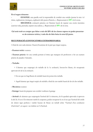 CONDUCCIÓ DE GRUPS EN BTT
IES PERE ALSISUS 2013-2014
En el segon trimestre:
- GUIATGE: una parella serà la responsable de conduir una sortida (portar la ruta i el
ritme, explicacions tècniques, explicació dels punts d’interès...). Representarà el 20% de la nota.
- MECÀNICA: avaluació pràctica on l’alumne haurà de reparar una avaria mecànica
(canviar roda, punxada, reparar una cadena...). Representarà el 10% de la nota.
Cal tenir molt en compte que faltar a més del 20% de les classes suposa no poder presentar-
se als exàmens teòrics, i cada dia de falta baixa la nota 0,5 punts.
RECUPERACIÓ (CONVOCATORIA EXTRAORDINARIA)
A final de curs cada alumne s’haurà d’examinar de la part que tingui suspesa.
- Examen teòric: examen.
- Examen pràctic: fer una sortida portant el ritme que marquen els professors o fer un examen
pràctic de pujades i baixades.
- Treballs:
+ L’alumne que suspengui els treballs de la 1a avaluació, havent-los lliurat, els recuperarà
aprovant els de la 2a avaluació.
+ En cas que no hagi lliurat els treballs haurà de portar dos treballs.
+ Aquell alumne que tingui suspès els treballs a final de curs també haurà de fer els dos treballs.
- Mecànica: examen
- Guiatge: haurà de preparar una sortida i realitzar el guiatge
- Actitud: els alumnes que suspenguin l’actitud del 1r trimestre, els hi quedarà aprovada si aproven
la del 2n. Si en el 2n trimestre també la suspenen, poden recuperar-la en el cas que l’actitud del crèdit
de síntesi sigui perfecta i també hauran de lliurar un treball sobre “l’actitud d’un conductor
d’activitats”, en aquest cas tindran un 5 d’actitud.
17
 