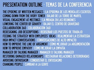 PRESENTATION OUTLINE ·∙ TEMAS DE LA CONFERENCIA	
  
THE EPIDEMIC OF WRITTEN MESSAGES ·∙ LA EPIDEMIA DE LOS MENSAJES ESCRITOS
COMING DOWN FROM THE IVORY TOWER ·∙ BAJAR DE LA TORRE DE MARFIL
VISUAL ENGAGEMENT AT MEETINGS ·∙ LA MIRADA EN LAS REUNIONES
LOWERING THE CENTER OF GRAVITY ·∙ BAJAR EL CENTRO DE GRAVEDAD
COLLABORATION 360 ·∙ COLABORACIÓN 360
REDESIGNING JOB DESCRIPTIONS ·∙ REDISEÑAR LOS PUESTOS DE TRABAJO
FEEDING THE STRATEGY WITH EMPLOYEES’ IDEAS ·∙ REALIMENTAR LA ESTRATEGIA
HIGH IMPACT CONVERSATIONS ·∙ CONVERSACIONES DE ALTO IMPACTO
HOW TO IMPROVE THE LINE OF ARGUMENT ·∙ CÓMO MEJORAR LA ARGUMENTACIÓN
HOW TO IMPROVE EMPATHY ·∙ CÓMO MEJORAR LA EMPATÍA
MANAGER OR TALKING MANAGER ·∙ MANAGER O TALKING MANAGER
RESTORING DAMAGED RELATIONSHIPS ·∙ RESTAURAR RELACIONES DETERIORADAS
AROUSING ENTHUSIASM ·∙ CONQUISTAR EL ENTUSIASMO
CHANGING PEOPLE ·∙ CAMBIAR A LA GENTE
 