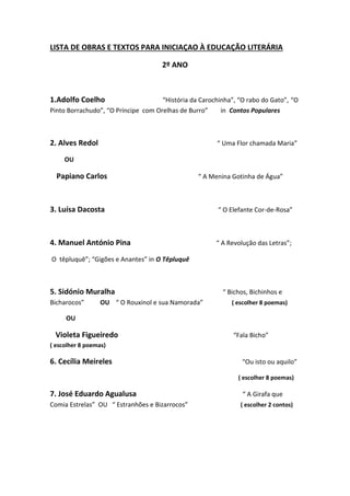 LISTA DE OBRAS E TEXTOS PARA INICIAÇAO À EDUCAÇÃO LITERÁRIA
2º ANO
1.Adolfo Coelho “História da Carochinha”, “O rabo do Gato”, “O
Pinto Borrachudo”, “O Príncipe com Orelhas de Burro” in Contos Populares
2. Alves Redol “ Uma Flor chamada Maria”
OU
Papiano Carlos “ A Menina Gotinha de Água”
3. Luísa Dacosta “ O Elefante Cor-de-Rosa”
4. Manuel António Pina “ A Revolução das Letras”;
O têpluquê”; “Gigões e Anantes” in O Têpluquê
5. Sidónio Muralha “ Bichos, Bichinhos e
Bicharocos” OU “ O Rouxinol e sua Namorada” ( escolher 8 poemas)
OU
Violeta Figueiredo “Fala Bicho”
( escolher 8 poemas)
6. Cecília Meireles “Ou isto ou aquilo”
( escolher 8 poemas)
7. José Eduardo Agualusa “ A Girafa que
Comia Estrelas” OU “ Estranhões e Bizarrocos” ( escolher 2 contos)
 