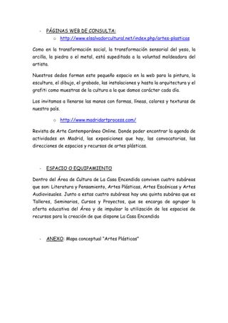 -   PÁGINAS WEB DE CONSULTA:
           o http://www.elsalvadorcultural.net/index.php/artes-plasticas

Como en la transformación social, la transformación sensorial del yeso, la
arcilla, la piedra o el metal, está supeditada a la voluntad moldeadora del
artista.

Nuestros dedos forman este pequeño espacio en la web para la pintura, la
escultura, el dibujo, el grabado, las instalaciones y hasta la arquitectura y el
grafiti como muestras de la cultura a la que damos carácter cada día.

Los invitamos a llenarse las manos con formas, líneas, colores y texturas de
nuestro país.

           o http://www.madridartprocess.com/

Revista de Arte Contemporáneo Online. Donde poder encontrar la agenda de
actividades en Madrid, las exposiciones que hay, las convocatorias, las
direcciones de espacios y recursos de artes plásticas.



   -   ESPACIO O EQUIPAMIENTO

Dentro del Área de Cultura de La Casa Encendida conviven cuatro subáreas
que son: Literatura y Pensamiento, Artes Plásticas, Artes Escénicas y Artes
Audiovisuales. Junto a estas cuatro subáreas hay una quinta subárea que es
Talleres, Seminarios, Cursos y Proyectos, que se encarga de agrupar la
oferta educativa del Área y de impulsar la utilización de los espacios de
recursos para la creación de que dispone La Casa Encendida



   -   ANEXO: Mapa conceptual “Artes Plásticas”
 