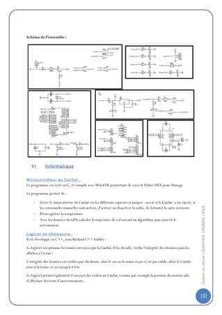Schéma de l’ensemble :




    V)        Informatique

M i c r oc o nt r ô le u r d u C anS at :
Le programme est écrit en C, et compilé avec WinAVR permettant de créer le fichier HEX pour Atmega

La programme permet de :

     -    Gérer le status interne du CanSat via les différents capteurs et jumper : savoir si le CanSat a été éjecté, si   Dossier de clôture | CLES-FACIL |PADMEE | EOLE
          les commandes manuelles sont activés, d’activer ou désactiver la radio, de formater la carte mémoire
     -    D’enregistrer la température
     -    Avec les données du GPS, calculer la trajectoire de vol suivant un algorithme puis asservir le
          servomoteur

L og ic i e l d e t él ém es u re :
Il est développé en C++, sous Borland C++ builder :

Le logiciel réceptionne les trames envoyées par la CanSat, il les décode, vérifie l’intégrité des données puis les
affiches à l’écran !

L’intégrité des données est vérifiés par checksum, dans le cas ou la trame reçue n’est pas valide, alors le CanSat
renvoi la trame et ceci jusqu'à 4 fois.

Le logiciel permet également d’envoyer des ordres au CanSat, comme par exemple la position du moteur afin
d’effectuer des tests d’asservissements.


                                                                                                                           10
 