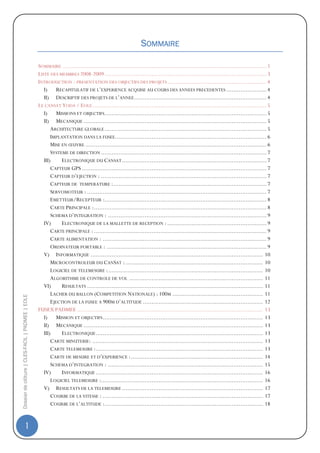 SOMMAIRE

                                                  SOMMAIRE ..................................................................................................................... 1
                                                  LISTE DES MEMBRES 2008-2009 ............................................................................................. 3
                                                  INTRODUCTION : PRESENTATION DES OBJECTIFS DES PROJETS ......................................................... 4
                                                     I) RECAPITULATIF DE L’EXPERIENCE ACQUISE AU COURS DES ANNEES PRECEDENTES ....................... 4
                                                     II) DESCRIPTIF DES PROJETS DE L’ANNEE ............................................................................ 4
                                                  LE CANSAT YODA / EOLE .................................................................................................... 5
                                                     I) MISSIONS ET OBJECTIFS............................................................................................. 5
                                                     II) MECANIQUE ......................................................................................................... 5
                                                         ARCHITECTURE GLOBALE ............................................................................................. 5
                                                         IMPLANTATION DANS LA FUSEE....................................................................................... 6
                                                         MISE EN ŒUVRE ........................................................................................................ 6
                                                         SYSTEME DE DIRECTION ............................................................................................... 7
                                                     III)     ELECTRONIQUE DU CANSAT ................................................................................... 7
                                                         CAPTEUR GPS .......................................................................................................... 7
                                                         CAPTEUR D’EJECTION : ............................................................................................... 7
                                                         CAPTEUR DE TEMPERATURE : ........................................................................................ 7
                                                         SERVOMOTEUR : ....................................................................................................... 7
                                                         EMETTEUR/RECEPTEUR :............................................................................................. 8
                                                         CARTE PRINCIPALE : ................................................................................................... 8
                                                         SCHEMA D’INTEGRATION : ........................................................................................... 9
                                                     IV)      ELECTRONIQUE DE LA MALLETTE DE RECEPTION : ......................................................... 9
                                                         CARTE PRINCIPALE : ................................................................................................... 9
                                                         CARTE ALIMENTATION : .............................................................................................. 9
                                                         ORDINATEUR PORTABLE : ............................................................................................ 9
                                                     V) INFORMATIQUE ................................................................................................... 10
                                                         MICROCONTROLEUR DU CANSAT : ............................................................................... 10
                                                         LOGICIEL DE TELEMESURE : ......................................................................................... 10
                                                         ALGORITHME DE CONTROLE DE VOL ............................................................................. 11
                                                     VI)      RESULTATS ..................................................................................................... 11
                                                         LACHER DU BALLON (COMPETITION NATIONALE) : 100M .................................................... 11
Dossier de clôture | CLES-FACIL | PADMEE | EOLE




                                                         EJECTION DE LA FUSEE A 900M D’ALTITUDE ..................................................................... 12
                                                  FUSEX PADMEE ........................................................................................................... 13
                                                     I) MISSION ET OBJECTIFS ............................................................................................ 13
                                                     II) MECANIQUE ....................................................................................................... 13
                                                     III)     ELECTRONIQUE ................................................................................................ 13
                                                         CARTE MINUTERIE: .................................................................................................. 13
                                                         CARTE TELEMESURE : ................................................................................................ 13
                                                         CARTE DE MESURE ET D’EXPERIENCE : ............................................................................ 14
                                                         SCHEMA D’INTEGRATION : ......................................................................................... 15
                                                     IV)      INFORMATIQUE ................................................................................................ 16
                                                         LOGICIEL TELEMESURE :............................................................................................. 16
                                                     V) RESULTATS DE LA TELEMESURE ................................................................................. 17
                                                         COURBE DE LA VITESSE : ............................................................................................ 17
                                                         COURBE DE L’ALTITUDE :........................................................................................... 18


                1
 