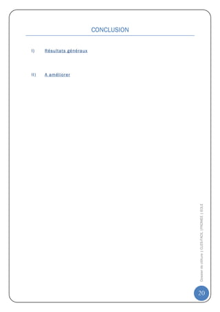 CONCLUSION


I)    Résultats généraux




II)   A améliorer




                                        Dossier de clôture | CLES-FACIL |PADMEE | EOLE




                                        20
 