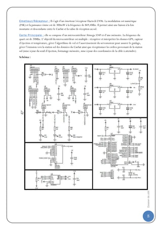 E m et t eu r/ R éc e pt e ur : Il s’agit d’un émetteur/récepteur Hactech LN96. La modulation est numérique
(FSK) et la puissance émise est de 300mW à la fréquence de 869,4Mhz. Il permet ainsi une liaison à la fois
montante et descendante entre le CanSat et la valise de réception au sol.

C a rt e P ri nc i p al e : elle se compose d’un microcontrôleur Atmega 324P et d’une mémoire. La fréquence du
quart est de 20Mhz. L’objectif du microcontrôleur est multiple : récupérer et interpréter les donnes GPS, capteur
d’éjection et température, gérer l’algorithme de vol et l’asservissement du servomoteur pour assurer le guidage,
gérer l’émission vers la station sol des données du CanSat ainsi que réceptionner les ordres provenant de la station
sol (mise à jour du seuil d’éjection, formatage mémoire, mise à jour des coordonnées de la cible à atteindre)

Schéma :




                                                                                                                       Dossier de clôture | CLES-FACIL |PADMEE | EOLE




                                                                                                                       8
 