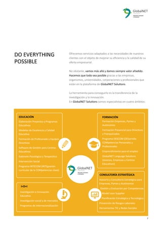 2 7
Ofrecemos servicios adaptados a las necesidades de nuestros
clientes con el objeto de mejorar su eﬁciencia y la calidad de su
oferta empresarial.
No obstante, vamos más allá y damos siempre valor añadido.
Hacemos que todo sea posible gracias a las empresas,
organismos, universidades, corporaciones y profesionales que
están en la plataforma de GlobalNET Solutions.
La herramienta para conseguirlo es la transferencia de la
investigación y la innovación.
En GlobalNET Solutions somos especialistas en cuatro ámbitos:
DO EVERYTHING
POSSIBLE
Elaboración Proyectos y Programas
Educativos
Modelos de Excelencia y Calidad
Educativa
Formación de Profesorado y Equipos
Directivos
Software de Gestión para Centros
Educativos
Gabinete Psicológico y Terapeútico
Intervención Social
Programa INTECOM (INTEgración
curricular de la COMpetencias clave)
Formación Empresas, Pymes y
Autónomos
Formación Presencial para Directivos
y Franquiciados
Programa DESCOM (DESarrollo
COMpetencias Personales y
Profesionales
Emprendimiento para el empleo
GlobalNET Language Solutions
(Jovenes, Empresas y Centros
Educativos)
Investigación e Innovación
Educativa
Investigación social y de mercados
Programas de internacionalización
Asesoría y Consultoría Estratégica para
Empresas, Pymes y Autónomos
Gestión y Evaluación por Competencias
Model Lean Supplier
Planiﬁcación Estratégica y Tecnológica
Prevención de Riesgos Laborales
Herramientas TIC y Redes Sociales
EDUCACIÓN FORMACIÓN
I+D+I
CONSULTORÍA ESTRATÉGICA
 