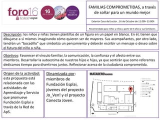FAMILIAS COMPROMETIDAS, a través
de soñar para un mundo mejor
Descripción: Los niños y niñas tienen plantillas de una figura en un papel en blanco. En él tienen que
dibujarse a sí mismos imaginando cómo quieren ser de mayores. Sus acompañantes, por otro lado,
tendrán un “bocadillo” que simboliza un pensamiento y deberán escribir un mensaje o deseo sobre
el futuro del niño o niña.
Exterior Casa del Lector , 16/10/2016 de 11:00h a 13:00h
Objetivos: Favorecer el vínculo familiar, la comunicación, la confianza y el afecto entre sus
miembros. Desarrollar la autoestima de nuestros hijos e hijas, ya que sentirán que como referentes
dedicamos tiempo para divertirnos juntos. Reflexionar acerca de la ciudadanía comprometida.
Recomendada para niños y niñas a partir de 4 años y sus familiares
Origen de la actividad:
Esta propuesta está
relacionada con las
actividades de
Aprendizaje y Servicio
que promueve
Fundación Esplai a
través de la Red de
ApS
Dinamizada por:
Miembros de
Fundación Esplai y
jóvenes del proyecto
Jo_Ven! y del
proyecto Conecta
Joven
MAPA DE SITUACIÓN
 