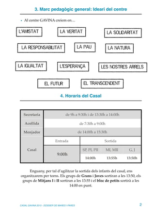 3. Marc pedagògic general: Ideari del centre
• Al centre GAVINA creiem en…
4. Horaris del Casal
Enguany, per tal d’agilitzar la sortida dels infants del casal, ens
organitzarem per torns. Els grups de Grans i Joves sortiran a les 13:50, els
grups de Mitjans I i II sortiran a les 13:55 i el bloc de petits sortirà a les
14:00 en punt.
Secretaria de 9h a 9:30h i de 13:30h a 14:00h
Acollida de 7:30h a 9:00h
Menjador de 14:00h a 15:30h
Casal
Entrada Sortida
9:00h
SP, PI, PII MI, MII G, J
14:00h 13:55h 13:50h
CASAL GAVINA 2015 - DOSSIER DE MARES I PARES 2
l’amistat la veritat la solidaritat
la responsabilitat la pau la natura
l’esperança les nostres arrels
el transcendentel futur
la igualtat
 