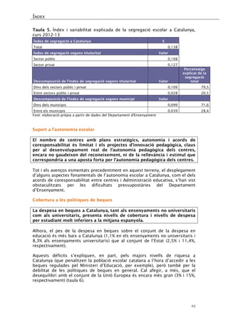 ÍNDEX 
32 
Taula 5. Índex i variabilitat explicada de la segregació escolar a Catalunya, curs 2012-13 
Índex de segregació a Catalunya 
S 
Total 
0,138 
Índex de segregació segons titularitat 
Valor 
Sector públic 
0,108 
Sector privat 
0,127 
Descomposició de l'índex de segregació segons titularitat 
Valor 
Percentatge explicat de la segregació total 
Dins dels sectors públic i privat 
0,109 
79,5 
Entre sectors públic i privat 
0,028 
20,5 
Descomposició de l'índex de segregació segons municipi 
Valor 
Dins dels municipis 
0,099 
71,6 
Entre els municipis 
0,039 
28,4 
Font: elaboració pròpia a partir de dades del Departament d'Ensenyament 
Suport a l’autonomia escolar 
El nombre de centres amb plans estratègics, autonomia i acords de coresponsabilitat és limitat i els projectes d’innovació pedagògica, claus per al desenvolupament real de l’autonomia pedagògica dels centres, encara no gaudeixen del reconeixement, ni de la rellevància i estímul que correspondria a una aposta forta per l’autonomia pedagògica dels centres. 
Tot i els avenços esmentats precedentment en aquest terreny, el desplegament d’alguns aspectes fonamentals de l’autonomia escolar a Catalunya, com el dels acords de coresponsabilitat entre centres i Administració educativa, s’han vist obstaculitzats per les dificultats pressupostàries del Departament d’Ensenyament. 
Cobertura a les polítiques de beques 
La despesa en beques a Catalunya, tant als ensenyaments no universitaris com als universitaris, presenta nivells de cobertura i nivells de despesa per estudiant molt inferiors a la mitjana espanyola. 
Alhora, el pes de la despesa en beques sobre el conjunt de la despesa en educació és més baix a Catalunya (1,1% en els ensenyaments no universitaris i 8,3% als ensenyaments universitaris) que al conjunt de l’Estat (2,5% i 11,4%, respectivament). 
Aquests dèficits s’expliquen, en part, pels majors nivells de riquesa a Catalunya (que penalitzen la població escolar catalana a l’hora d’accedir a les beques regulades pel Ministeri d’Educació, per exemple), però també per la debilitat de les polítiques de beques en general. Cal afegir, a més, que el desequilibri amb el conjunt de la Unió Europea és encara més gran (3% i 15%, respectivament) (taula 6). 
 