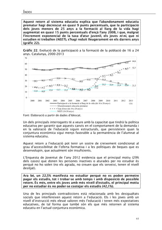ÍNDEX 
43 
Aquest retorn al sistema educatiu explica que l’abandonament educatiu prematur hagi decrescut en quasi 9 punts percentuals, que la participació dels joves menors de 25 anys a la formació al llarg de la vida hagi augmentat en quasi 15 punts percentuals d’ençà l’any 2008, i que, malgrat l’increment exponencial de la taxa d’atur juvenil, els joves ni-ni, que ni estudien ni treballen (NEET), s’hagi reduït lleugerament en els darrers anys (gràfic 22). 
Gràfic 22. Evolució de la participació a la formació de la població de 16 a 24 anys. Catalunya, 2000-2013 
50,549,048,750,650,950,152,651,450,853,255,959,762,064,629,130,331,233,93433,128,631,633,231,929262418,417,120,322,221,215,814,713,420,437,139,544,150,752,711,910,913,413,713,214,613,214,317,223,222,921,922,021,301020304050607020002001200220032004200520062007200820092010201120122013(1r)Participació a la formació al llarg de la vida (de 16 a 24 anys) Abandonament educatiu prematurTaxa d'atur (de 16 a 24 anys) NEET (16-24 anys) 
Font: Elaboració a partir de dades d’Idescat. 
Un dels principals interrogants té a veure amb la capacitat que tindrà la política educativa per garantir que aquests canvis en el comportament de la demanda i en la valoració de l’educació siguin estructurals, que persisteixin quan la conjuntura econòmica sigui menys favorable a la permanència de l’alumnat al sistema educatiu. 
Aquest retorn a l’educació pot tenir un sostre de creixement condicionat al grau d’accessibilitat de l’oferta formativa i a les polítiques de beques que es desenvolupin, que actualment són insuficients. 
L’Enquesta de Joventut de l’any 2012 evidencia que el principal motiu (29% dels casos) que donen les persones inactives o aturades per no estudiar és perquè no ho volen (no els agrada, no creuen que els serveixi, tenen el nivell desitjat). 
Ara bé, un 22,5% manifesta no estudiar perquè no es poden permetre pagar els estudis, tot i trobar-se amb temps i amb disposició de possible retorn. És més, entre els joves amb més nivell d’estudis, el principal motiu per no estudiar és no poder-se costejar els estudis (42,1%). 
Una de les principals contradiccions està relacionada amb les desigualtats socials que interfereixen aquest retorn a l’educació. Els i les joves amb un nivell d’instrucció més elevat valoren més l’educació i tenen més expectatives educatives, de tal forma que també són els que més retornen al sistema educatiu en l’actual conjuntura econòmica.  