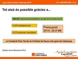 Cap infant sense colònies 2015
Tot això és possible gràcies a...
Dades de la Memòria 2014
260.951 persones beneficiàries anuals de la nostra acció
2.026 treballadors/es
4.575 persones voluntàries
Pressupost
2014: 35,9 M€
La Fundació Pere Tarrés és l’entitat de lleure més gran de Catalunya
 