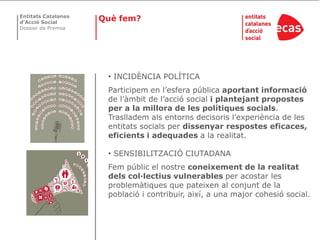 Entitats Catalanes
d’Acció Social
                     Què fem?
Dossier de Premsa




                      • INCIDÈNCIA POLÍTICA
                      Participem en l’esfera pública aportant informació
                      de l’àmbit de l’acció social i plantejant propostes
                      per a la millora de les polítiques socials.
                      Traslladem als entorns decisoris l’experiència de les
                      entitats socials per dissenyar respostes eficaces,
                      eficients i adequades a la realitat.

                      • SENSIBILITZACIÓ CIUTADANA
                      Fem públic el nostre coneixement de la realitat
                      dels col·lectius vulnerables per acostar les
                      problemàtiques que pateixen al conjunt de la
                      població i contribuir, així, a una major cohesió social.
 