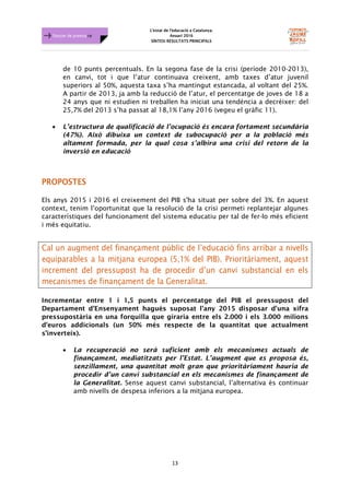 L'estat de l'educació a Catalunya.
Anuari 2016
SÍNTESI RESULTATS PRINCIPALS
13
Dossier de premsa FJB
de 10 punts percentuals. En la segona fase de la crisi (període 2010-2013),
en canvi, tot i que l’atur continuava creixent, amb taxes d’atur juvenil
superiors al 50%, aquesta taxa s’ha mantingut estancada, al voltant del 25%.
A partir de 2013, ja amb la reducció de l’atur, el percentatge de joves de 18 a
24 anys que ni estudien ni treballen ha iniciat una tendència a decréixer: del
25,7% del 2013 s’ha passat al 18,1% l’any 2016 (vegeu el gràfic 11).
• L’estructura de qualificació de l’ocupació és encara fortament secundària
(47%). Això dibuixa un context de subocupació per a la població més
altament formada, per la qual cosa s’albira una crisi del retorn de la
inversió en educació
PROPOSTES
Els anys 2015 i 2016 el creixement del PIB s'ha situat per sobre del 3%. En aquest
context, tenim l’oportunitat que la resolució de la crisi permeti replantejar algunes
característiques del funcionament del sistema educatiu per tal de fer-lo més eficient
i més equitatiu.
Cal un augment del finançament públic de l’educació fins arribar a nivells
equiparables a la mitjana europea (5,1% del PIB). Prioritàriament, aquest
increment del pressupost ha de procedir d’un canvi substancial en els
mecanismes de finançament de la Generalitat.
Incrementar entre 1 i 1,5 punts el percentatge del PIB el pressupost del
Departament d'Ensenyament hagués suposat l'any 2015 disposar d'una xifra
pressupostària en una forquilla que giraria entre els 2.000 i els 3.000 milions
d'euros addicionals (un 50% més respecte de la quantitat que actualment
s’inverteix).
• La recuperació no serà suficient amb els mecanismes actuals de
finançament, mediatitzats per l’Estat. L’augment que es proposa és,
senzillament, una quantitat molt gran que prioritàriament hauria de
procedir d’un canvi substancial en els mecanismes de finançament de
la Generalitat. Sense aquest canvi substancial, l’alternativa és continuar
amb nivells de despesa inferiors a la mitjana europea.
 