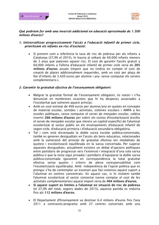 L'estat de l'educació a Catalunya.
Anuari 2016
SÍNTESI RESULTATS PRINCIPALS
15
Dossier de premsa FJB
Què podríem fer amb una inversió addicional en educació aproximada de 1.500
milions d'euros?
1. Universalitzar progressivament l’accés a l’educació infantil de primer cicle,
prioritzant els infants en risc d’exclusió:
• Si prenem com a referència la taxa de risc de pobresa per als infants a
Catalunya (27,9% el 2015), hi hauria al voltant de 60.000 infants menors
de 3 anys que pateixen aquest risc. El cost de garantir l'accés gratuït a
60.000 infants a l'oferta d'educació infantil de primer cicle seria de 205
milions d'euros anuals (import que no tindria en compte el cost de
creació de places addicionalment requerides, amb un cost per plaça de
llar d’infants de 3.420 euros per alumne i any -sense computar els serveis
complementaris-).
2. Garantir la gratuïtat efectiva de l’ensenyament obligatori:
• Malgrat la gratuïtat formal de l’ensenyament obligatori, és notori i s’ha
denunciat en nombroses ocasions que hi ha despeses associades a
l’escolaritat que vulneren aquest principi.
• Amb un cost estimat de 400 euros per alumne/any en quotes en concepte
de material escolar, sortides i activitats, colònies escolars i AMPA a les
escoles públiques, sense computar el servei de menjador escolar, caldria
invertir 266 milions d'euros per cobrir els costos d'escolarització (exclòs
el servei de menjador escolar que mereix un capítol específic) de l'alumnat
escolaritzat al sector públic en els ensenyaments d'educació infantil de
segon cicle, d'educació primària i d'educació secundària obligatòria.
• Tal i com està dissenyada la doble xarxa escolar pública-concertada,
també es generen desigualtats en l’accés als bens educatius, relacionades
amb la vulneració del principi de gratuïtat efectiva (en modalitats de
quotes) i escolarització equilibrada en la xarxa concertada. Per superar
aquestes desigualtats, actualment existeix un debat d’opcions polítiques
entre partidaris de progressar vers l’extensió i integració d’una sola xarxa
pública (i que la resta sigui privada) i partidaris d’equiparar la doble xarxa
pública-concertada (garantint en correspondència la total gratuïtat
efectiva sense quotes i criteris de plena coresponsabilitat com
l’escolartizació equilibrada). Amb indepenència de l’opció política que es
prengui s’ha de contemplar un escenari que faci extensiu aquest suport a
l’alumnat en centres concentrats. En aquest cas, si hi incloem també
l'alumnat escolaritzat al sector concertat (sense comptar el cost de les
activitats complementàries) aquest import seria de 404 milions d'euros.
• Si aquest suport es limités a l'alumnat en situació de risc de pobresa
(el 27,9% del total, segons dades de 2015), aquesta partida es reduiria
fins als 112 milions d'euros.
• El Departament d'Ensenyament va destinar 6,4 milions d'euros fins l'any
2011 a contractes-programa amb 27 centres concertats amb una
 