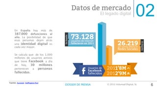 En España hay más de
387.000 defunciones al
año. La posibilidad de que
esas personas dejen atrás
una identidad digital es
cada vez mayor. 

Se calcula que: de los 1.000
millones de usuarios activos
que tiene Facebook a día
de hoy, 30 millones
pertenecen a personas
fallecidas. 
02El legado digital
Datos de mercado
Fuentes: Eurostat, Huffington Post	
  
6© 2013 Voluntad Digital, SL	
  DOSSIER DE PRENSA
 