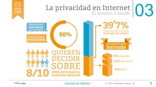 03El derecho a decidir
La privacidad en Internet
7Fuente: Inteco
03
09
DOSSIER DE PRENSA
 © 2013 Voluntad Digital, SL	
  
 