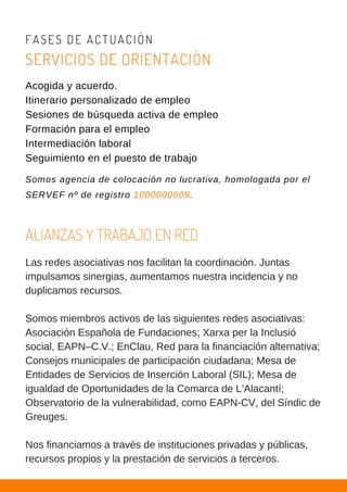 Acogida y acuerdo.
Itinerario personalizado de empleo
Sesiones de búsqueda activa de empleo
Formación para el empleo
Intermediación laboral
Seguimiento en el puesto de trabajo
FASES DE ACTUACIÓN
Somos agencia de colocación no lucrativa, homologada por el
SERVEF nº de registro 1000000009.
SERVICIOS DE ORIENTACIÓN
ALIANZAS Y TRABAJO EN RED
Las redes asociativas nos facilitan la coordinación. Juntas
impulsamos sinergias, aumentamos nuestra incidencia y no
duplicamos recursos.
Somos miembros activos de las siguientes redes asociativas:
Asociación Española de Fundaciones; Xarxa per la Inclusió
social, EAPN–C.V.; EnClau, Red para la financiación alternativa;
Consejos municipales de participación ciudadana; Mesa de
Entidades de Servicios de Inserción Laboral (SIL); Mesa de
igualdad de Oportunidades de la Comarca de L’Alacantí;
Observatorio de la vulnerabilidad, como EAPN-CV, del Síndic de
Greuges.
Nos financiamos a través de instituciones privadas y públicas,
recursos propios y la prestación de servicios a terceros.
 