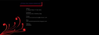 ¿dónde nos Puedes encontrar?

       Oficina:
       Av. Miguel Dasso 111 San Isidro.

       Facebook:
       Buscanos como: Sombrero_Rojo

       Correo:
       sombrerorojoeventos@hotmail.com

       Blog:
       http://sombrerojoeventos.blogspot.com/

       Teléfono:
       085488061
 