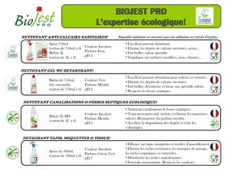 NETTOYANT ANTI-CALCAIRE SANITAIRES!                    Disponible également en concentré pour une utilisation en centrale d’hygiène.
           Spray 750ml                                      • Excellent pouvoir détartrant.
           (carton de 750ml x 6) Couleur: Incolore          • Elimine les dépôts de calcaire incrustés, savon...
           Bidon 5L              Parfum: Frais              • Fait briller, odeur agréable.
           (carton de 5L x 4)    pH 2                       • S’applique sur surfaces émaillées, inox, chrome…


NETTOYANT GEL WC DETARTRANT!
                                                            • Excellent pouvoir détartrant pour toilettes et urinoirs.
           Bidon de 750ml,       Couleur: Vert              • Elimine les dépôts de calcaire incrustés.
           tête orientable       Parfum: Menthe             • Fait briller, désodorise et laisse une agréable odeur.
           (carton de 750ml x 6) pH 2                       • Respecte les fosses septiques.

NETTOYANT CANALISATIONS & FOSSES SEPTIQUES ECOLOGIQUE!
                                                            • Nettoyant canalisations & fosses septiques.
                                 Couleur: Incolore          • Traitement préventif, nettoie et élimine les mauvaises
           Bidon 1L BD
                                 Parfum: Menthe             odeurs. Rémanence du parfum menthe.
           (carton de 1L x 6)
                                 pH 6                       • Accélère la dégradation des dépôts et évite les
                                                            colmatages.

DETACHANT TAPIS, MOQUETTES & TISSUS!
                                                            • Efficace sur tapis, moquettes et textiles d’ameublement.
                                 Couleur: Incolore          • Elimine les taches résistantes, les marques de passage,
           Spray de 500ml,
                                 Parfum: Citron Vert        les taches organiques et minérales.
           (carton de 500ml x 6)
                                 pH 7                       • Désodorise les taches malodorantes.
                                                            • Formule enzymatique. Respecte les couleurs.
 