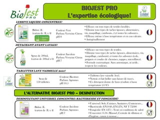 LESSIVE LIQUIDE CONCENTREE!
                                                         • Efficace sur tous types de textiles lavables.
          Bidon 5L               Couleur: Vert           • Elimine tous types de taches (grasses, alimentaires,
          (carton de 5L x 4)     Parfum: Verveine Citron vin, maquillage, cambouis…) et toutes les salissures.
                                 pH 8                    • Efficace même à base température et en eau calcaire.
                                                         • Anti-grisaillement

DETACHANT AVANT LAVAGE!
                                                           • Efficace sur tous types de textiles.
                                                           • Elimine tous types de taches (grasses, alimentaires, vin,
                               Couleur: Incolore
         Spray de 500ml,                                   maquillage, cambouis), et toutes les salissures (cols,
                               Parfum: Verveine Citron
         (carton de 500ml x 6)                             poignets et coudes de chemises, nappes, microfibres).
                               pH 7
                                                           • Formule enzymatique. Sans amoniaque, ni acide,
                                                           respecte les couleurs.
TABLETTES LAVE VAISSELLE 3en1!
                                                              • Tablettes lave vaisselle 3en1.
                                    Couleur: Bicolore
               Seau de                                        • Nettoie et fait briller sans laisser de traces.
                                    Parfum: Agrumes
             150 tablettes                                    • Ce détergent donne de bons résultats à basse
                                    pH 10.5
                                                              température (55°C).




DESINFECTANT UNIVERSEL CONCENTRE: BACTERICIDE ET FONGICIDE!
                                                              • Universel: Sols, Cuisines, Sanitaires, Conteneurs…
            Bidon 5L                Couleur: Incolore         • Bactéricide: EN1040, EN1276, NF T 72300
            (carton de 5L x 4)      Parfum: Agrumes           • Fongicide: EN 1275 - Testé en conditions de saleté
                                    pH 7                      • Concentré: 0.5% :Manuel, Centrale de dilution et
                                                              d’hygiène, canon à mousse…
 